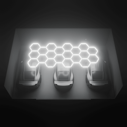 Render of the ULTRABEAM Hex Classic 20-Grid B lit over three parked cars