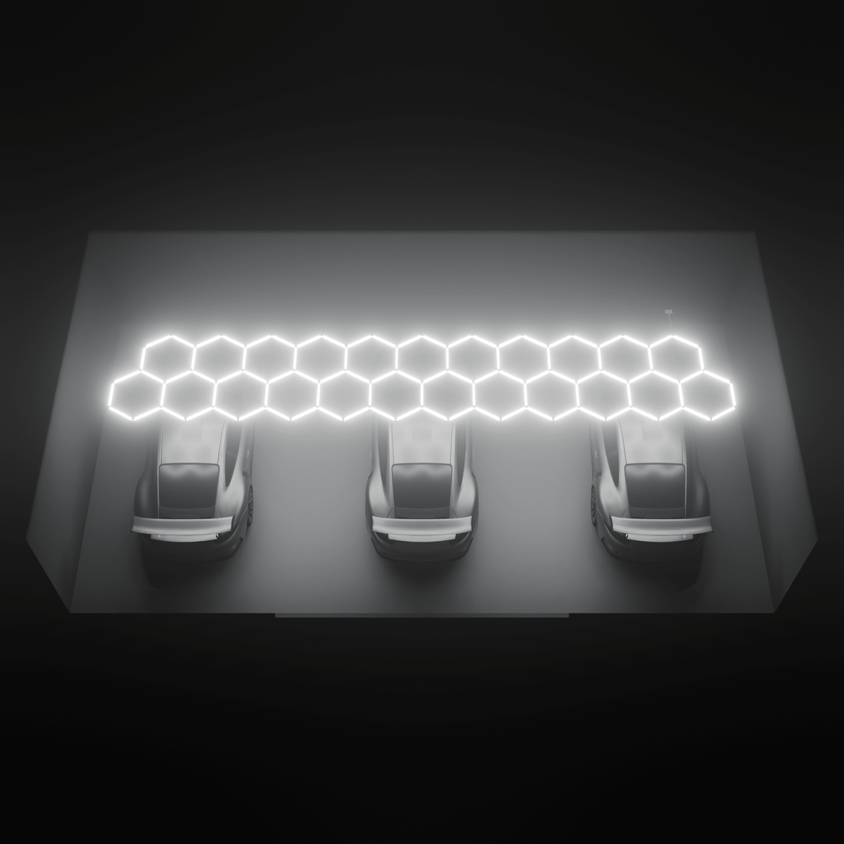 Render of the ULTRABEAM Hex Classic 23-Grid A lit over three parked cars