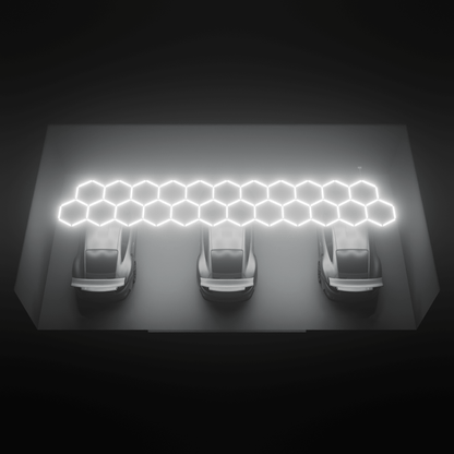 Render of the ULTRABEAM Hex Classic 23-Grid A lit over three parked cars