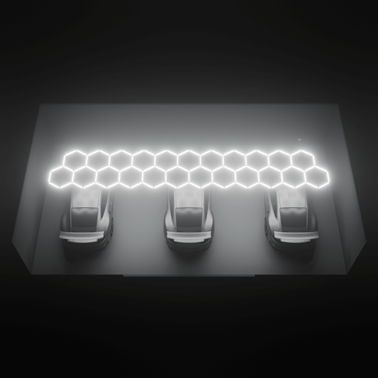 Render of the ULTRABEAM Hex Classic 23-Grid A lit over three parked cars
