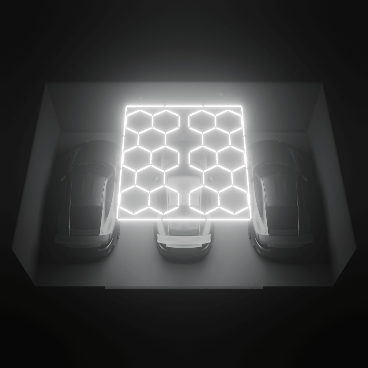 Render of two ULTRABEAM Hex Classic 8-Grid A kits lit over parked cars