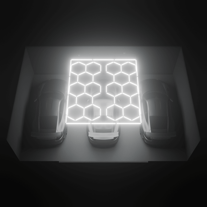 Render of two ULTRABEAM Hex Classic 8-Grid A kits lit over parked cars