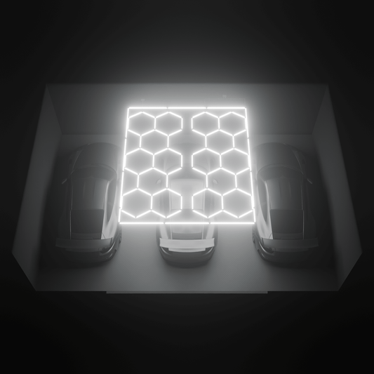 Render of two ULTRABEAM Hex Classic 8-Grid A kits lit over parked cars
