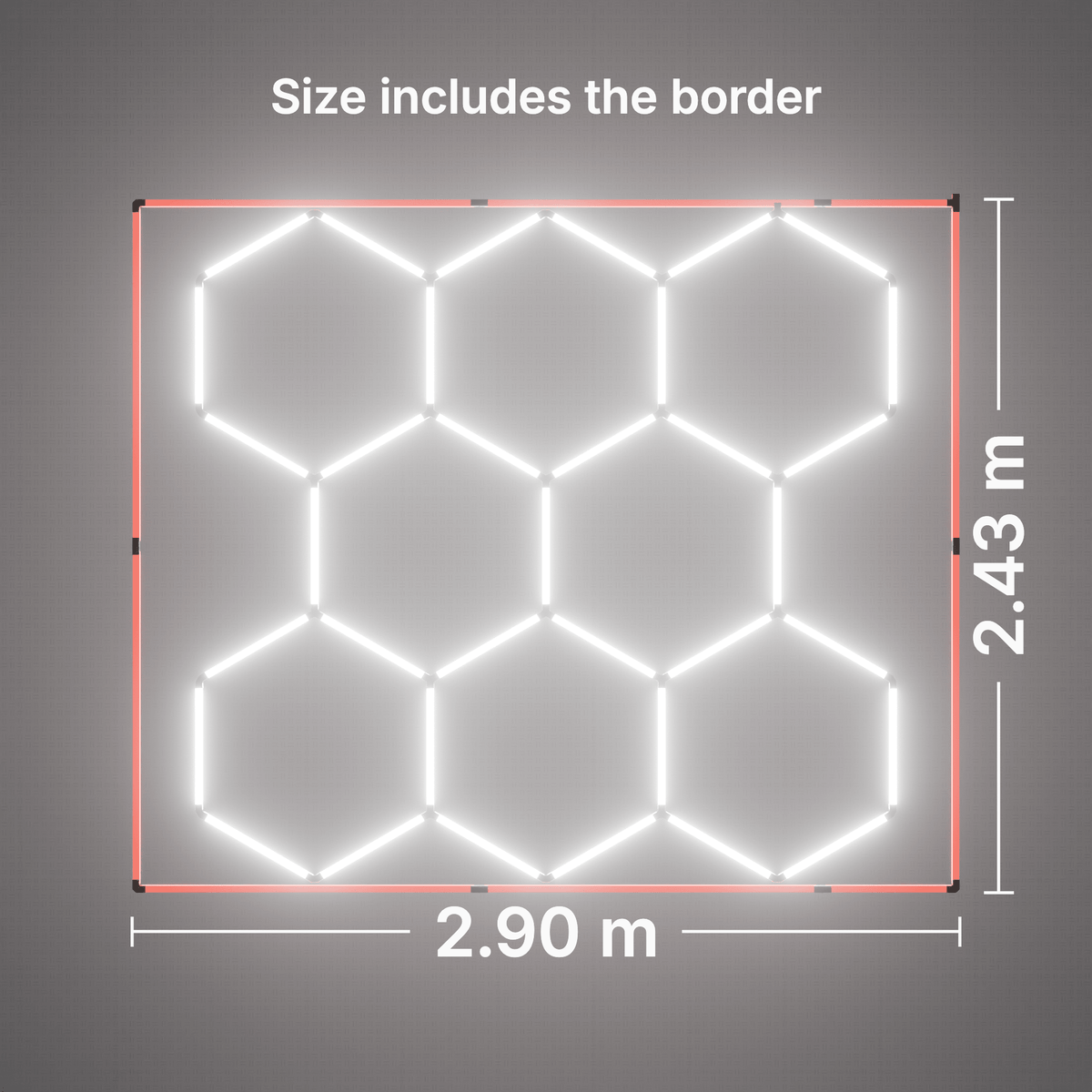 ULTRABEAM LED Light Kit Hex Classic 8-Grid B, Red border: its size, measured