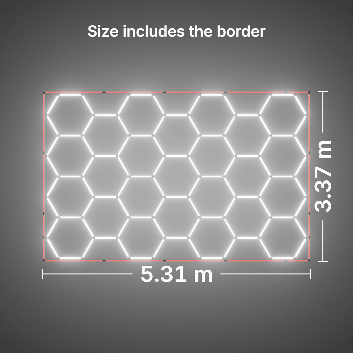 ULTRABEAM LED Light Kit Hex Classic 25-Grid B, Red border: its size, measured