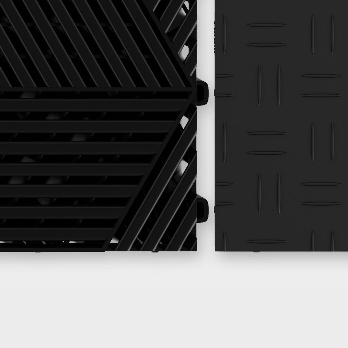 ULTRACUBE tile in Jet Black beside an ULTRATUFF tile in Jet Black, about to click together