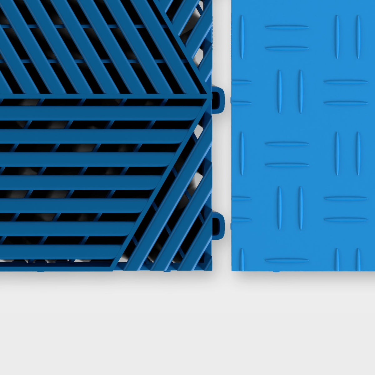 ULTRACUBE tile in Riviera Blue beside an ULTRATUFF tile in Riviera Blue, about to click together
