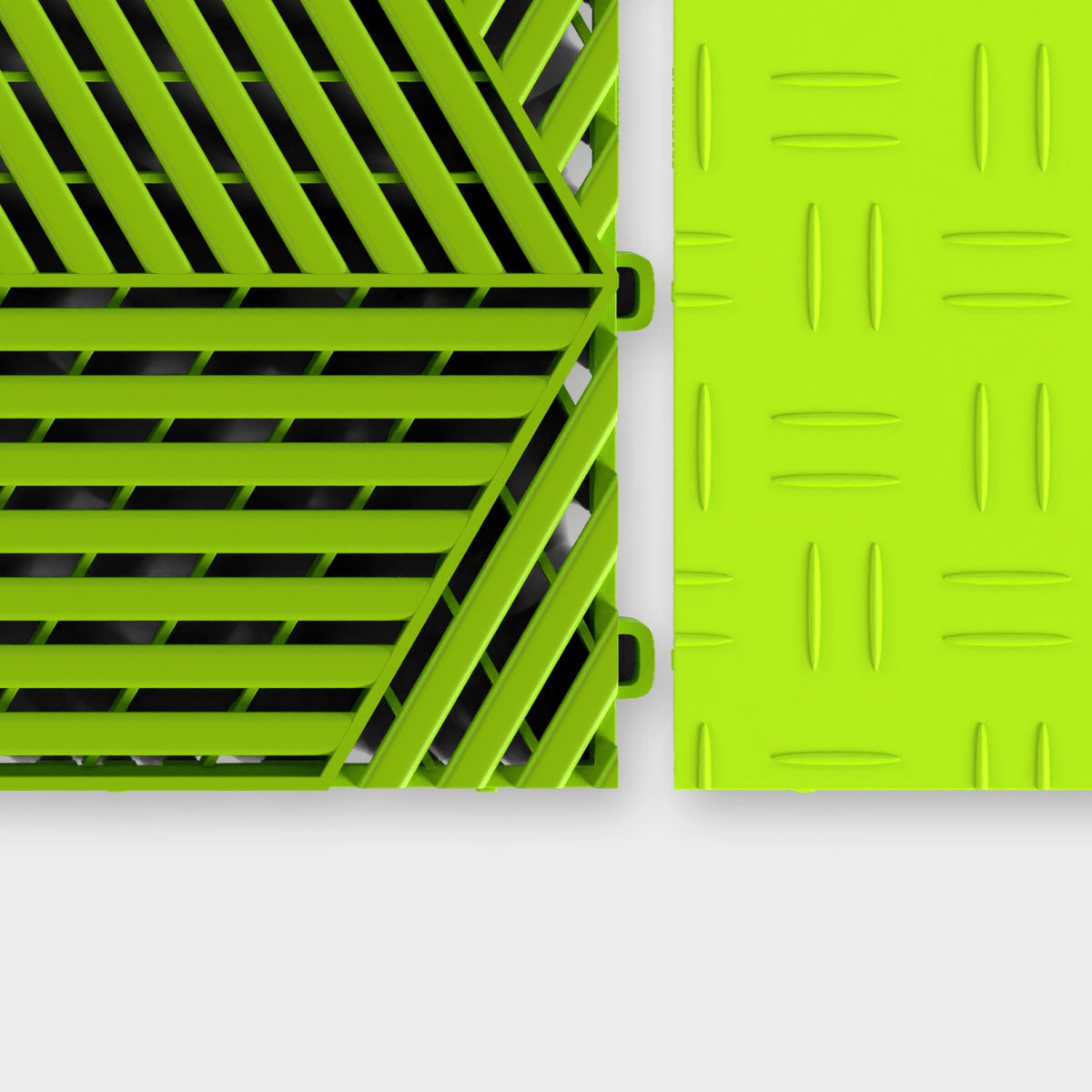 ULTRACUBE tile in Electric Green beside an ULTRATUFF tile in Electric Green, about to click together