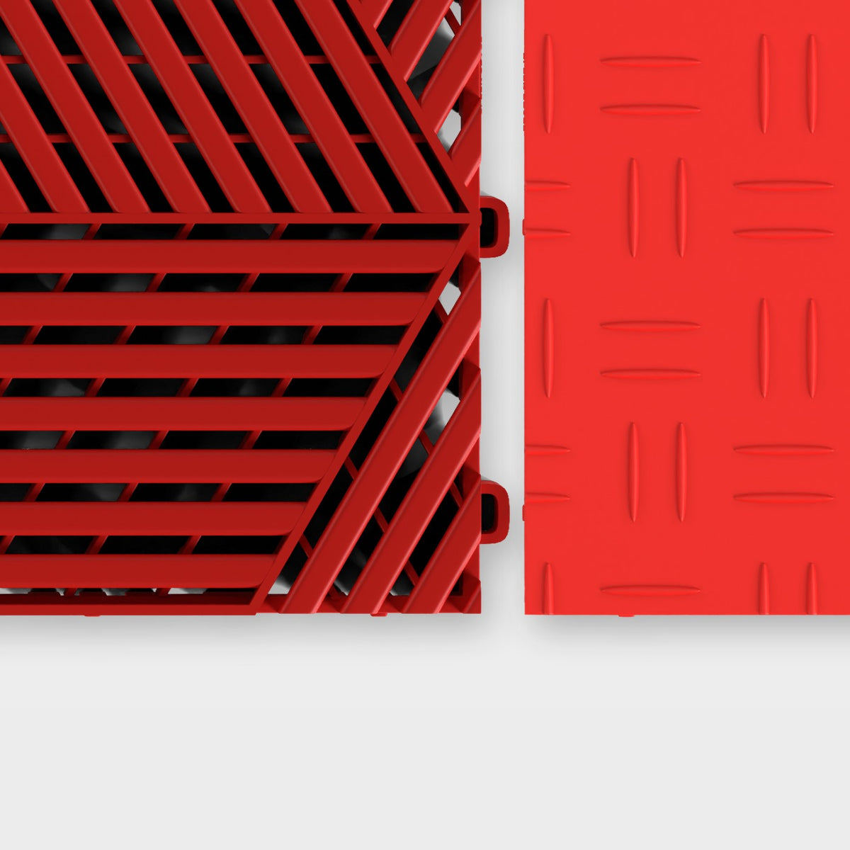 ULTRACUBE tile in Rosso Red beside an ULTRATUFF tile in Rosso Red, about to click together