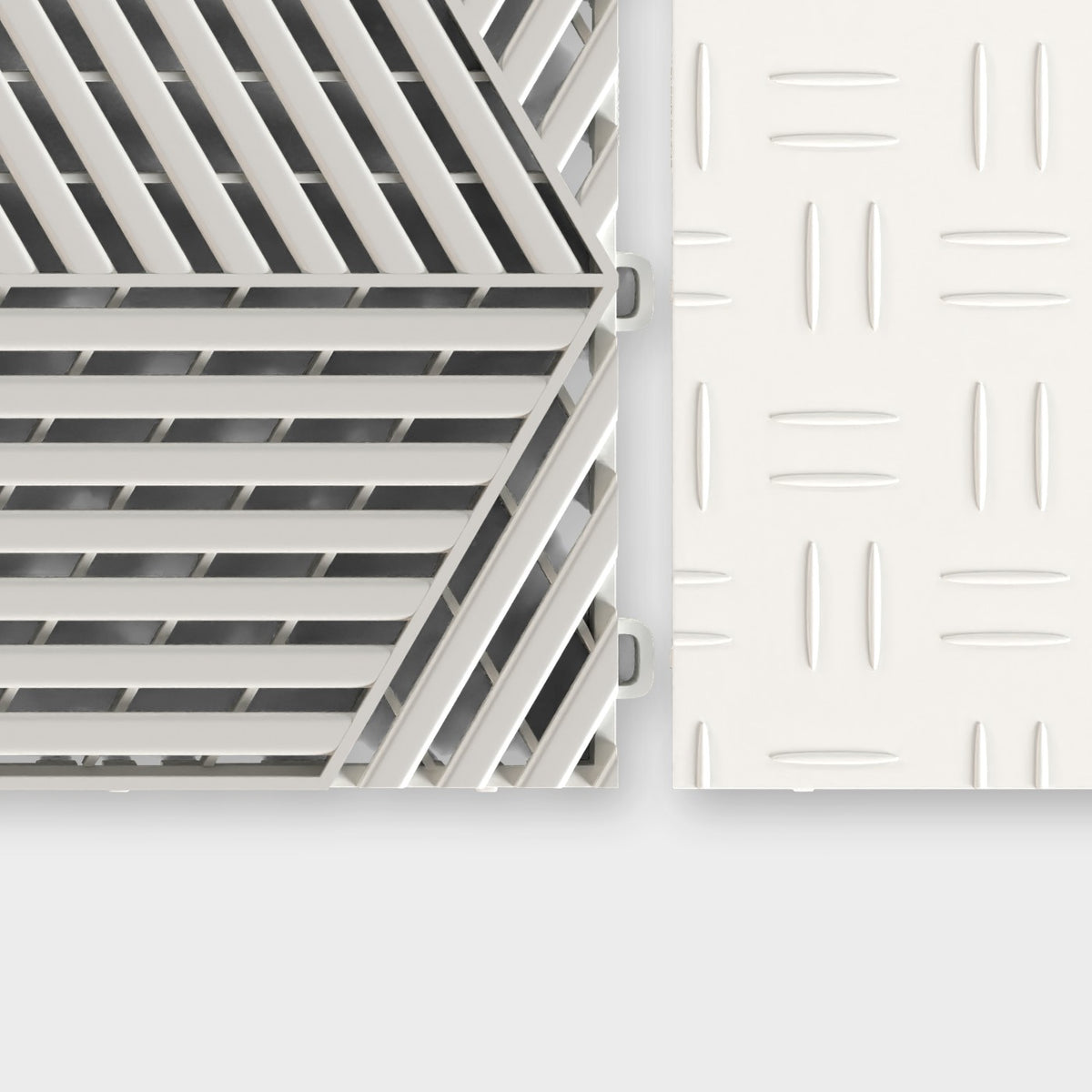 ULTRACUBE tile in Alpine White beside an ULTRATUFF tile in Alpine White, about to click together