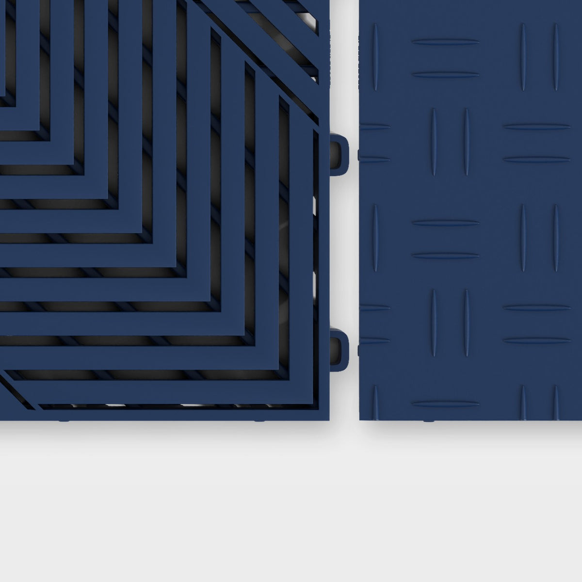 ULTRACORE tile in Night Blue beside an ULTRATUFF tile in Night Blue, about to click together