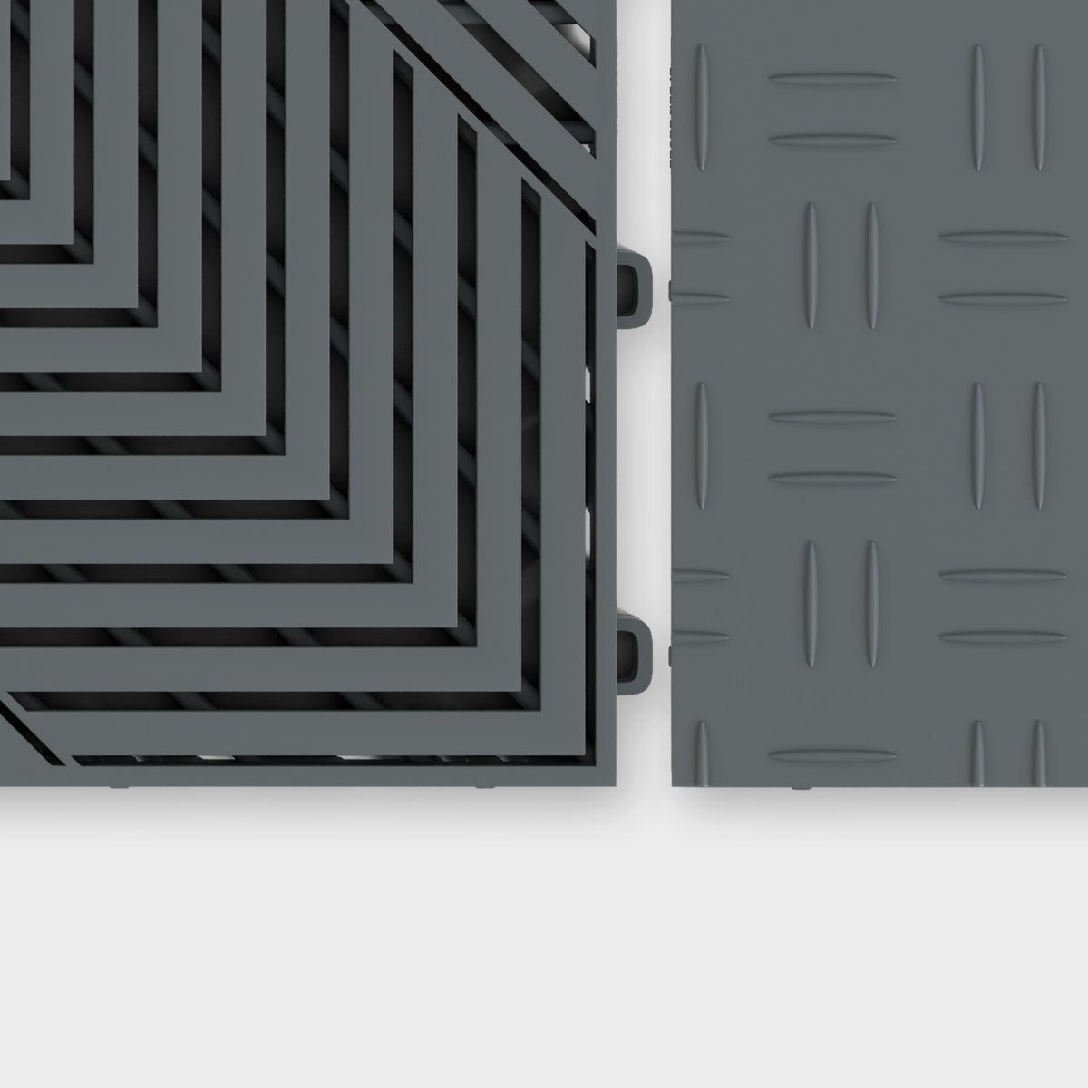 ULTRACORE tile in Space Grey beside an ULTRATUFF tile in Space Grey, about to click together