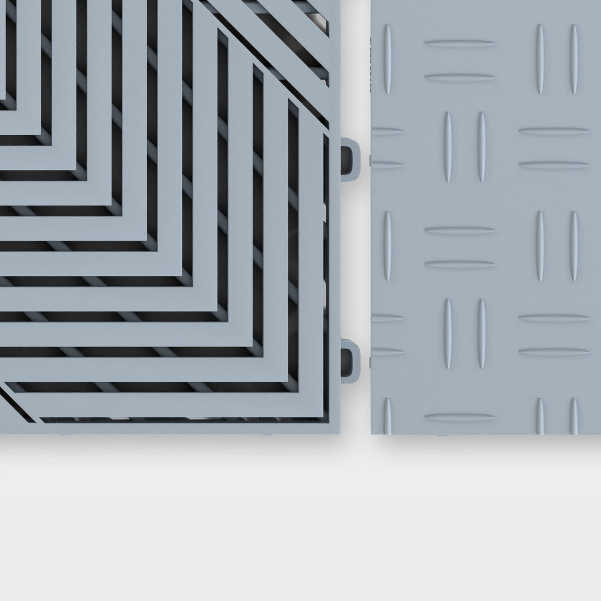 ULTRACORE tile in Silver Grey beside an ULTRATUFF tile in Silver Grey, about to click together