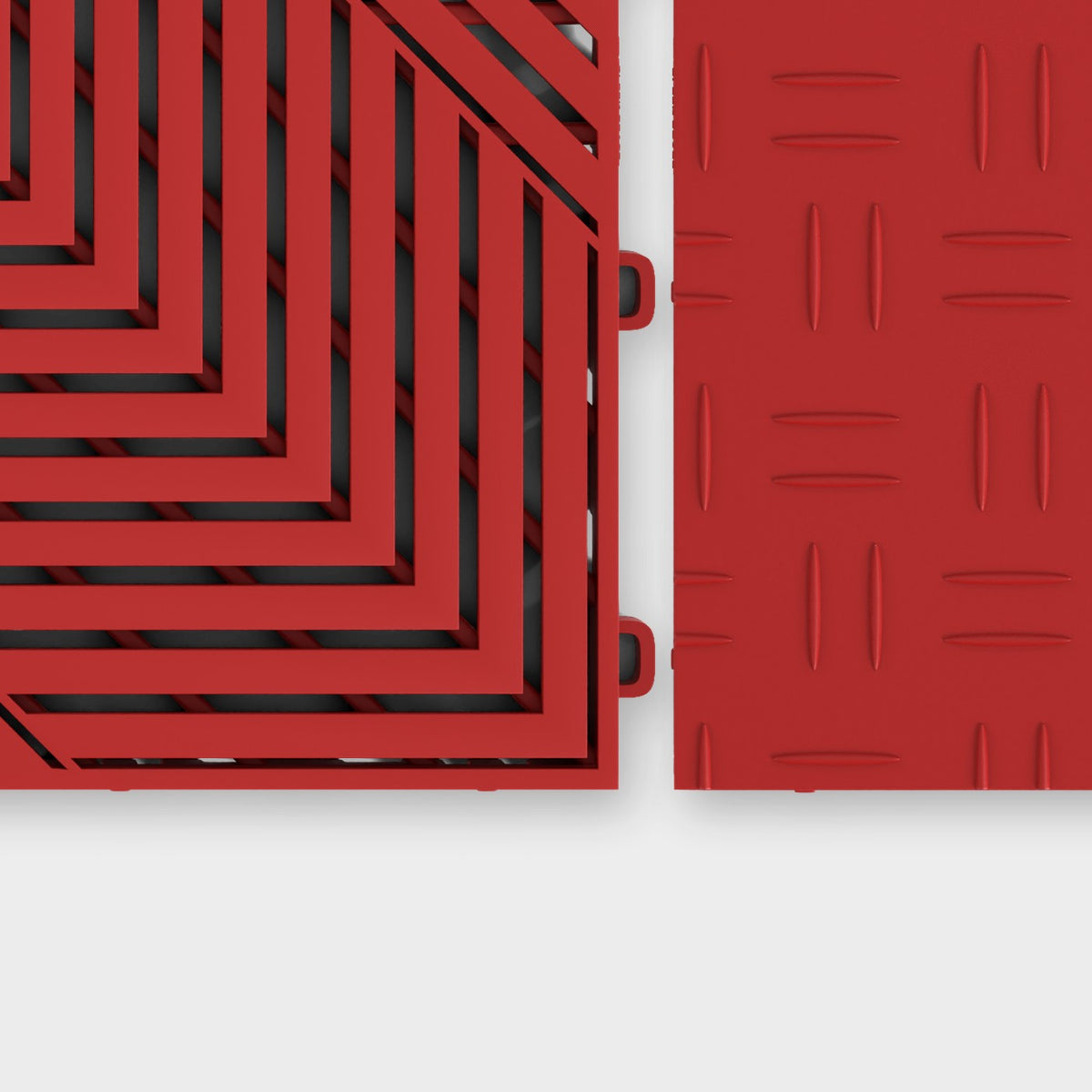 ULTRACORE tile in Crimson Red beside an ULTRATUFF tile in Crimson Red, about to click together