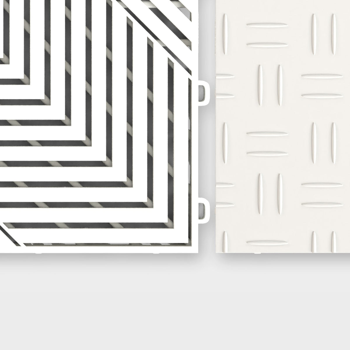 ULTRACORE tile in Alpine White beside an ULTRATUFF tile in Alpine White, about to click together