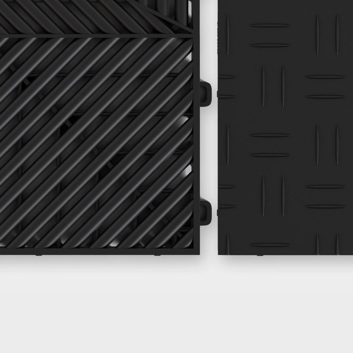 ULTRAFLUX tile in Jet Black beside an ULTRATUFF tile in Jet Black, about to click together