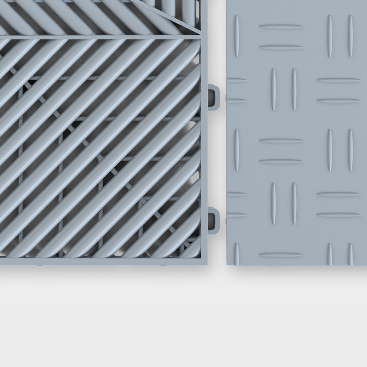 ULTRAFLUX tile in Silver Grey beside an ULTRATUFF tile in Silver Grey, about to click together