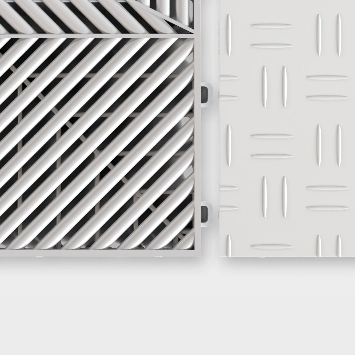 ULTRAFLUX tile in Glacier Grey beside an ULTRATUFF tile in Glacier Grey, about to click together
