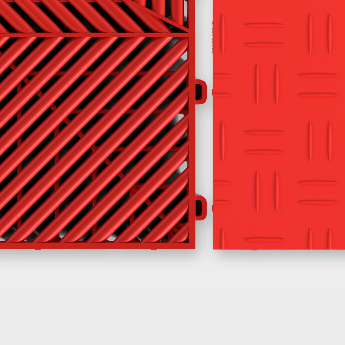ULTRAFLUX tile in Rosso Red beside an ULTRATUFF tile in Rosso Red, about to click together