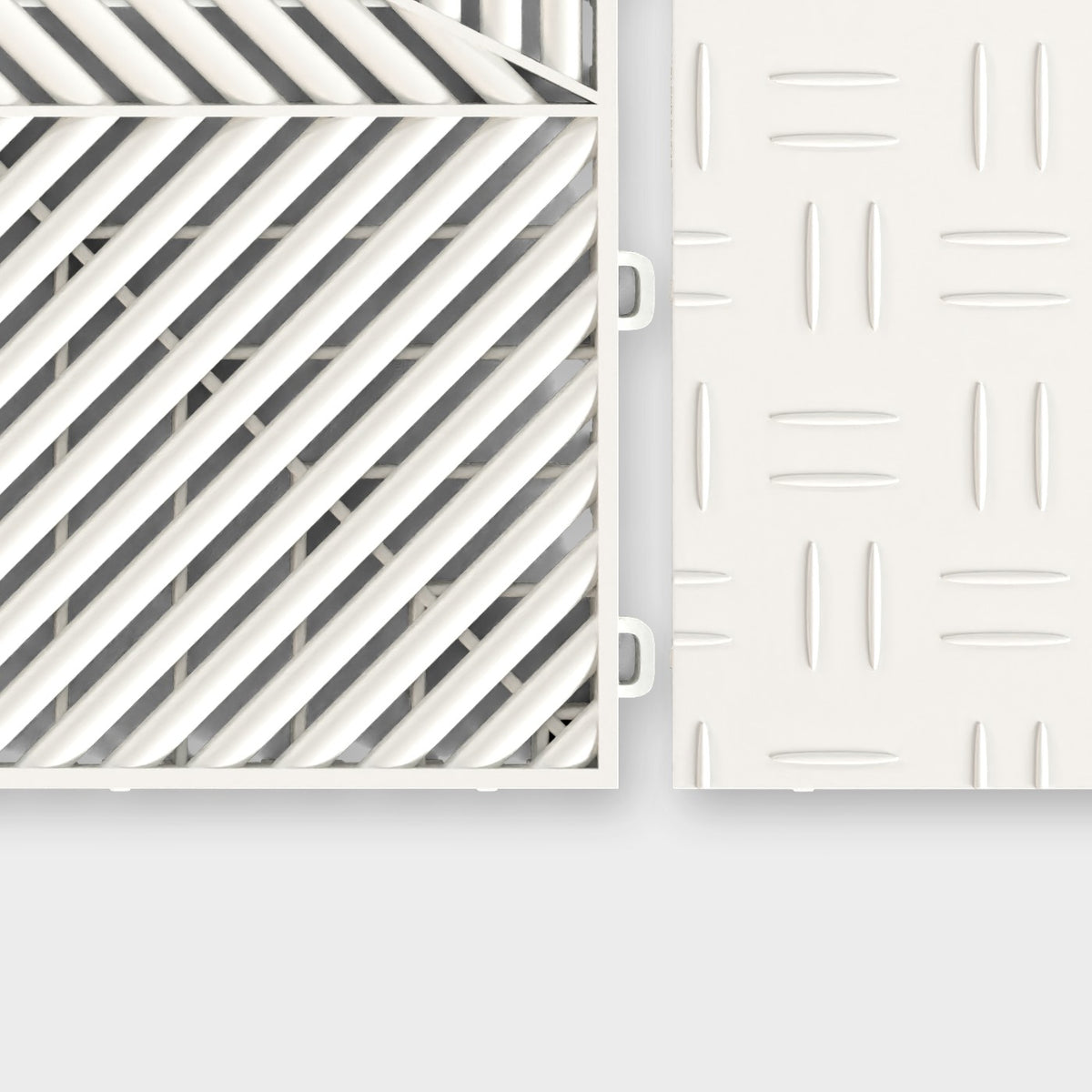 ULTRAFLUX tile in Alpine White beside an ULTRATUFF tile in Alpine White, about to click together
