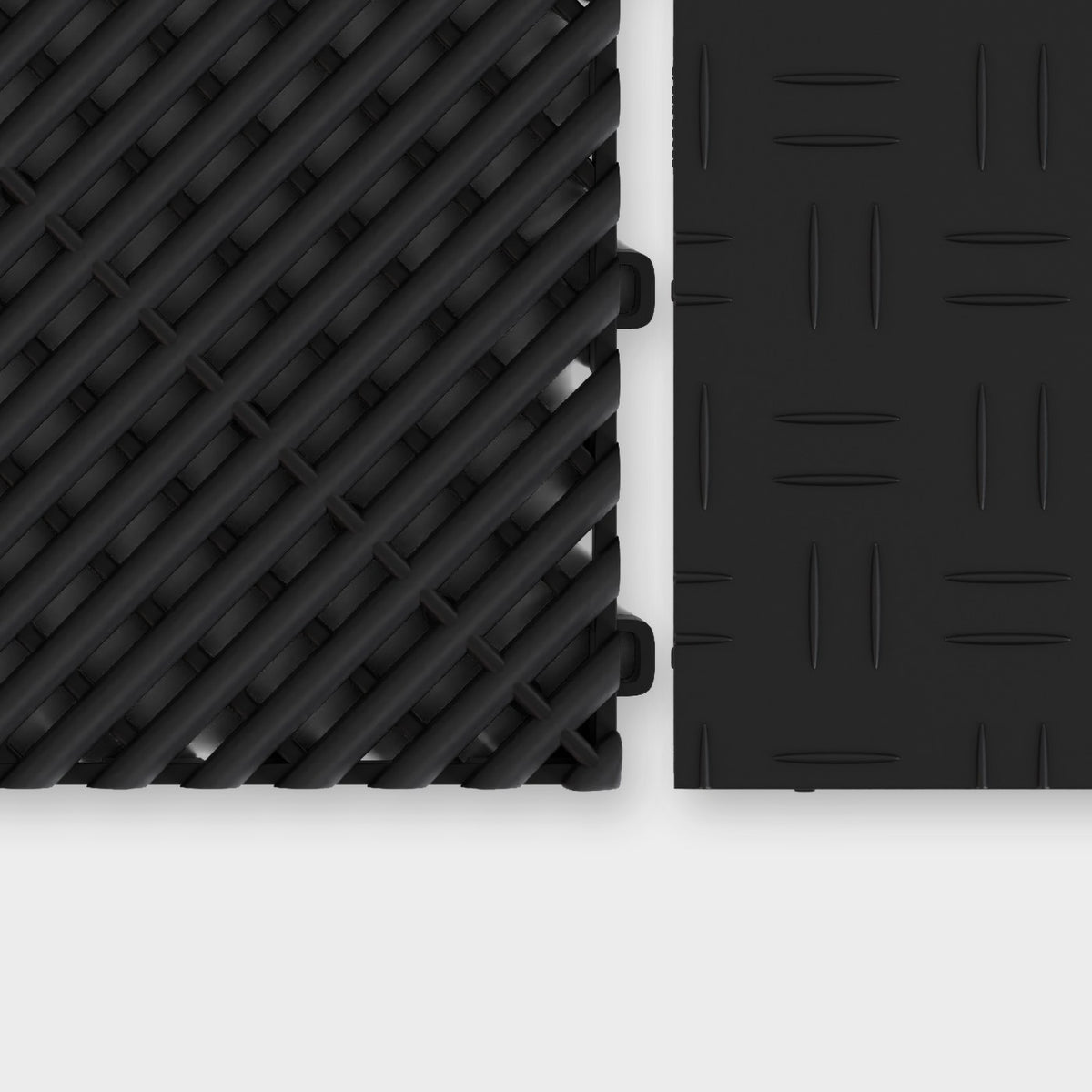 ULTRAGRID tile in Jet Black beside an ULTRATUFF tile in Jet Black, about to click together