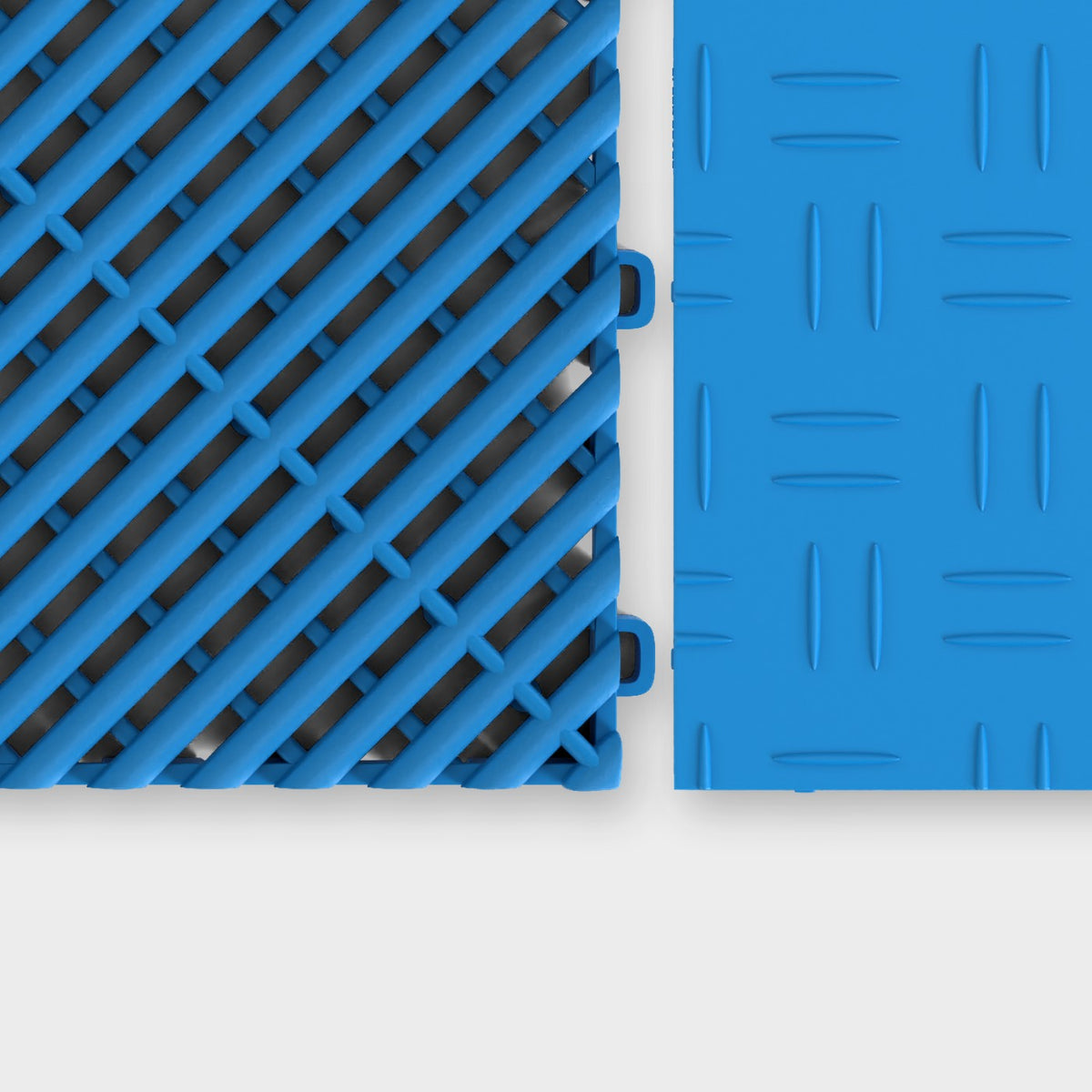 ULTRAGRID tile in Riviera Blue beside an ULTRATUFF tile in Riviera Blue, about to click together