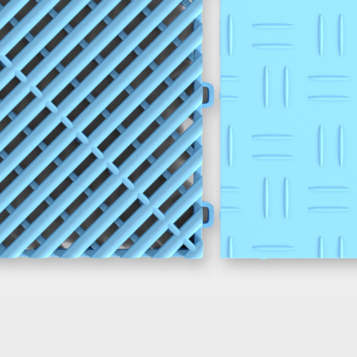 ULTRAGRID tile in Gulf Blue beside an ULTRATUFF tile in Gulf Blue, about to click together