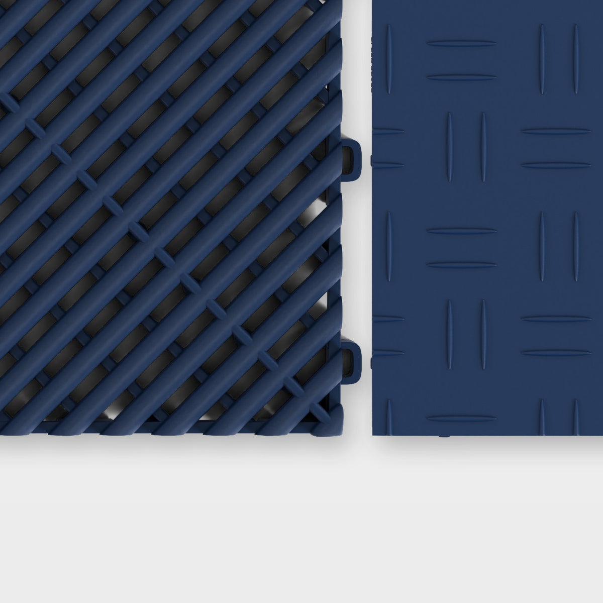 ULTRAGRID tile in Night Blue beside an ULTRATUFF tile in Night Blue, about to click together