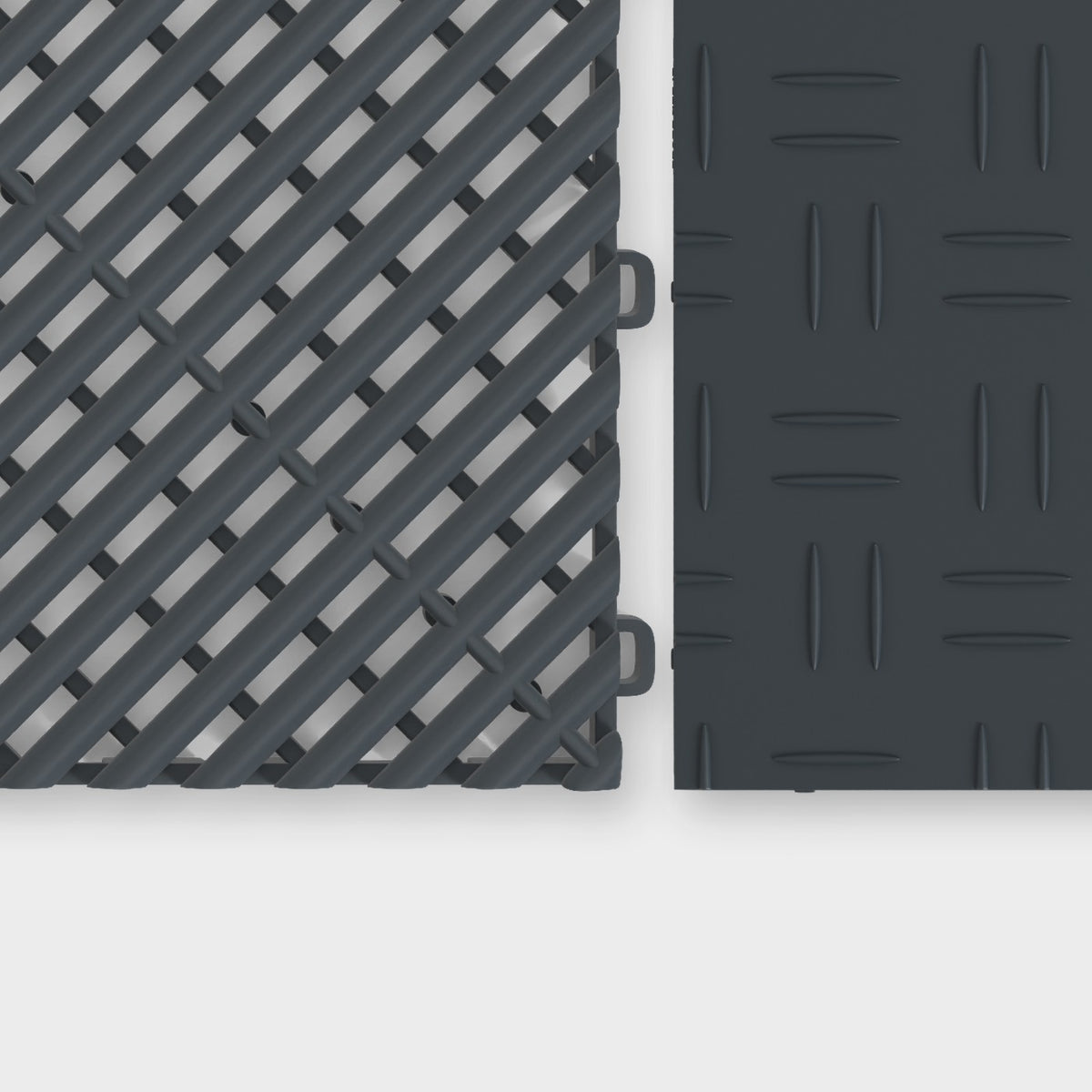 ULTRAGRID tile in Stealth Grey beside an ULTRATUFF tile in Stealth Grey, about to click together