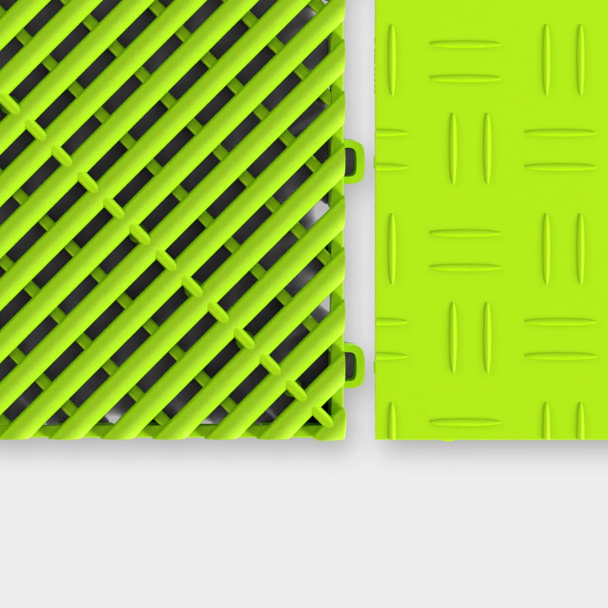 ULTRAGRID tile in Electric Green beside an ULTRATUFF tile in Electric Green, about to click together