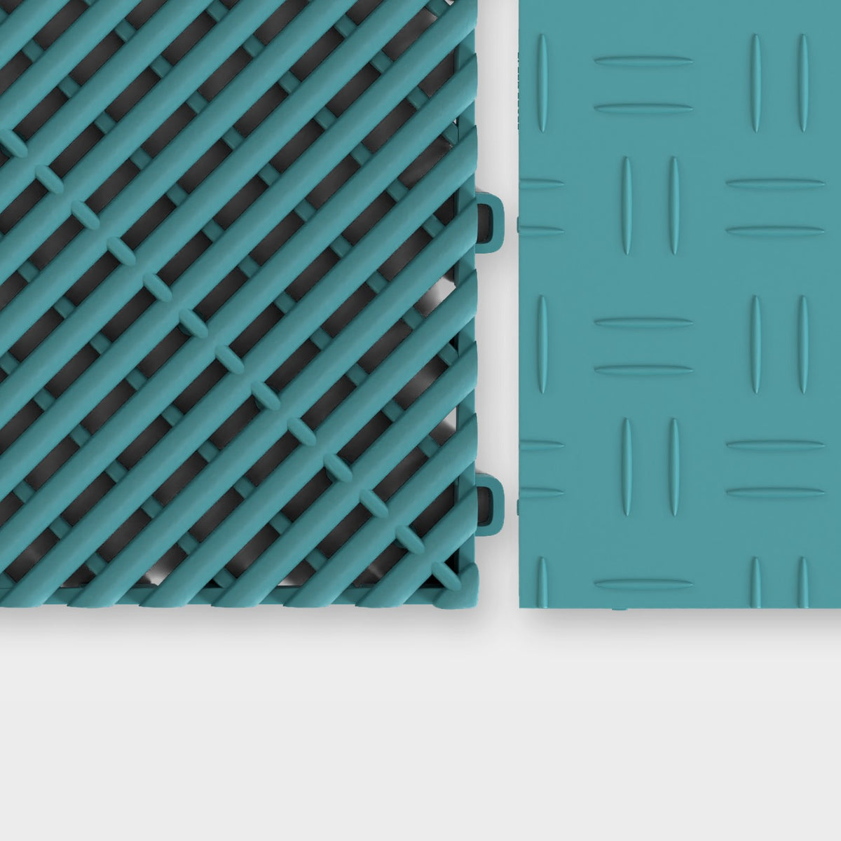 ULTRAGRID tile in Turbo Teal beside an ULTRATUFF tile in Turbo Teal, about to click together