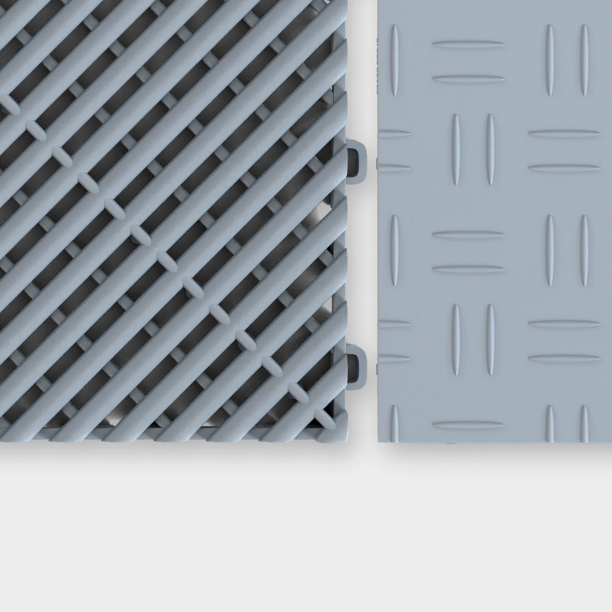 ULTRAGRID tile in Silver Grey beside an ULTRATUFF tile in Silver Grey, about to click together
