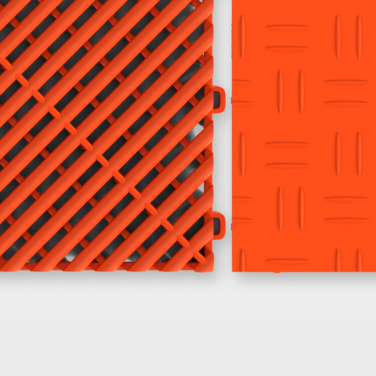 ULTRAGRID tile in Lava Orange beside an ULTRATUFF tile in Lava Orange, about to click together
