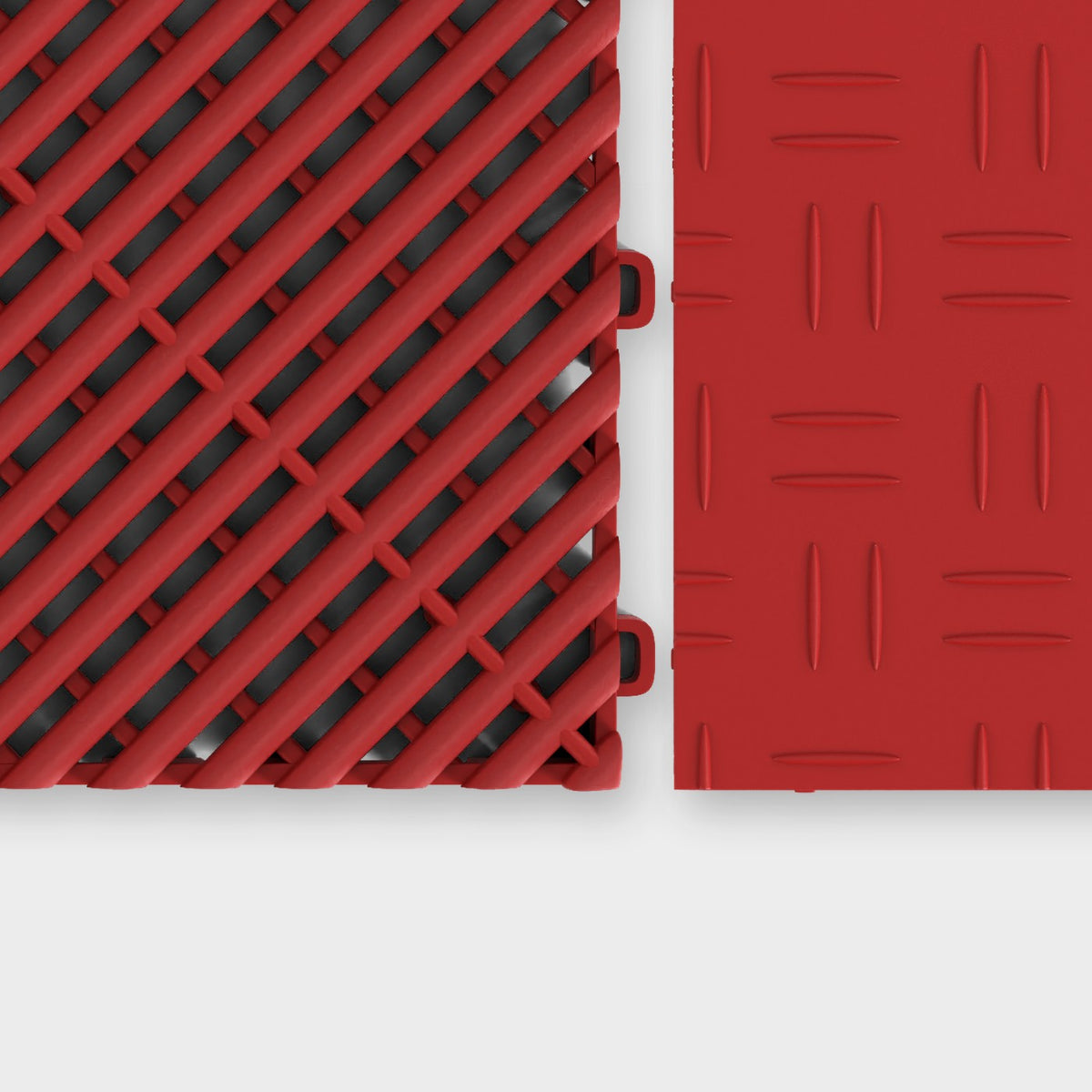 ULTRAGRID tile in Crimson Red beside an ULTRATUFF tile in Crimson Red, about to click together