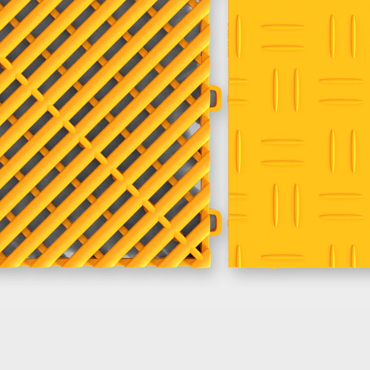 ULTRAGRID tile in Speed Yellow beside an ULTRATUFF tile in Speed Yellow, about to click together