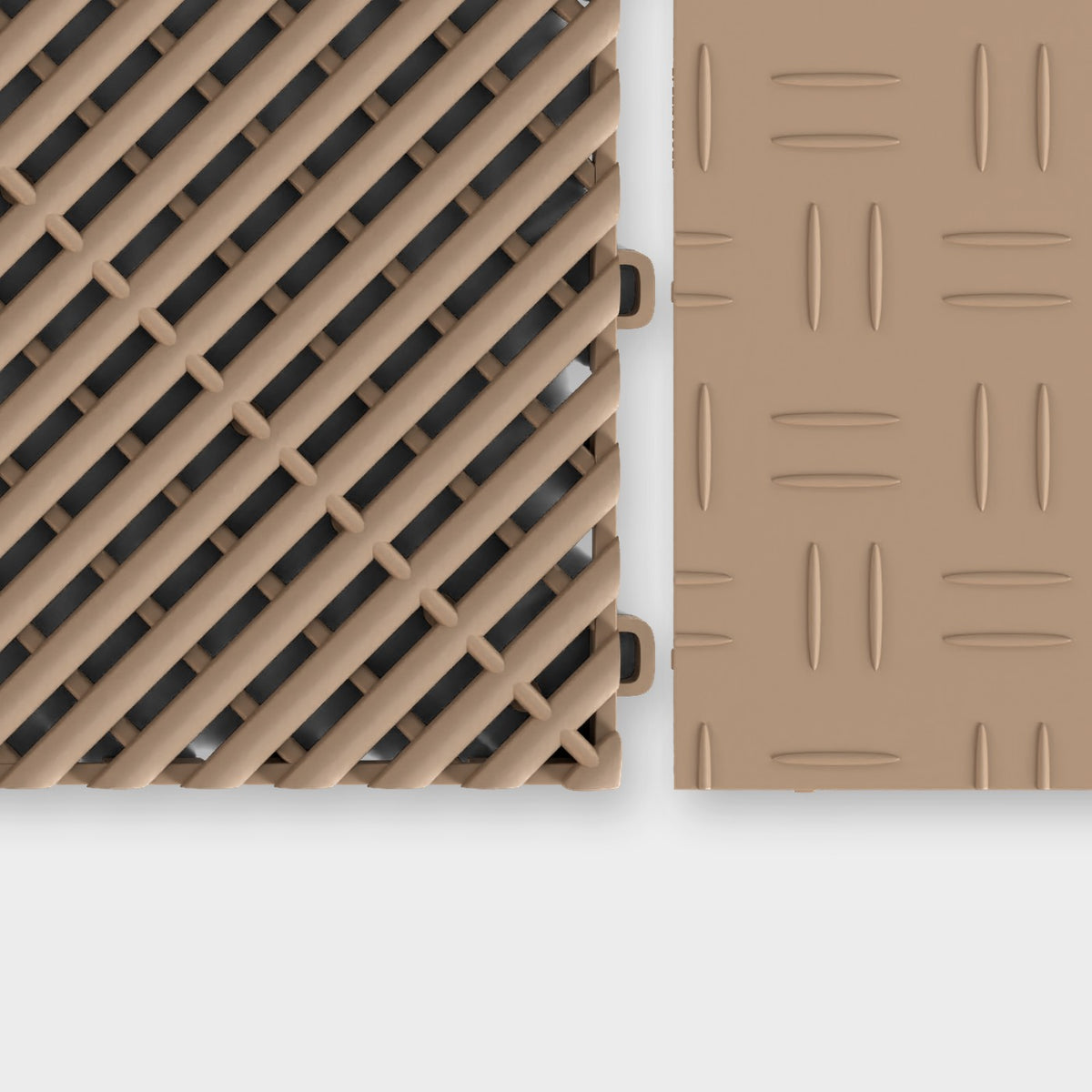 ULTRAGRID tile in Stone Beige beside an ULTRATUFF tile in Stone Beige, about to click together