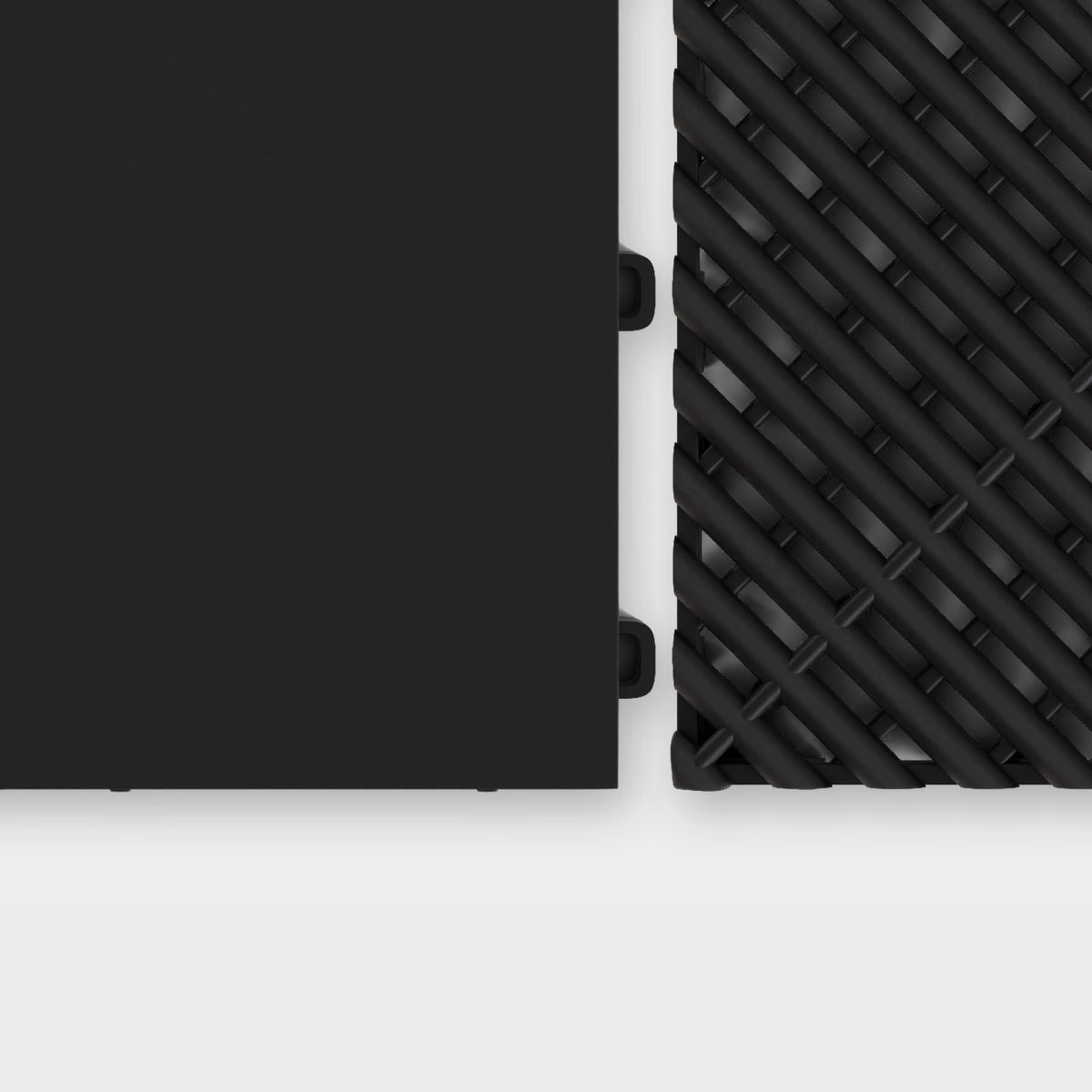 ULTRATONE tile in Jet Black beside an ULTRAGRID tile in Jet Black, about to click together