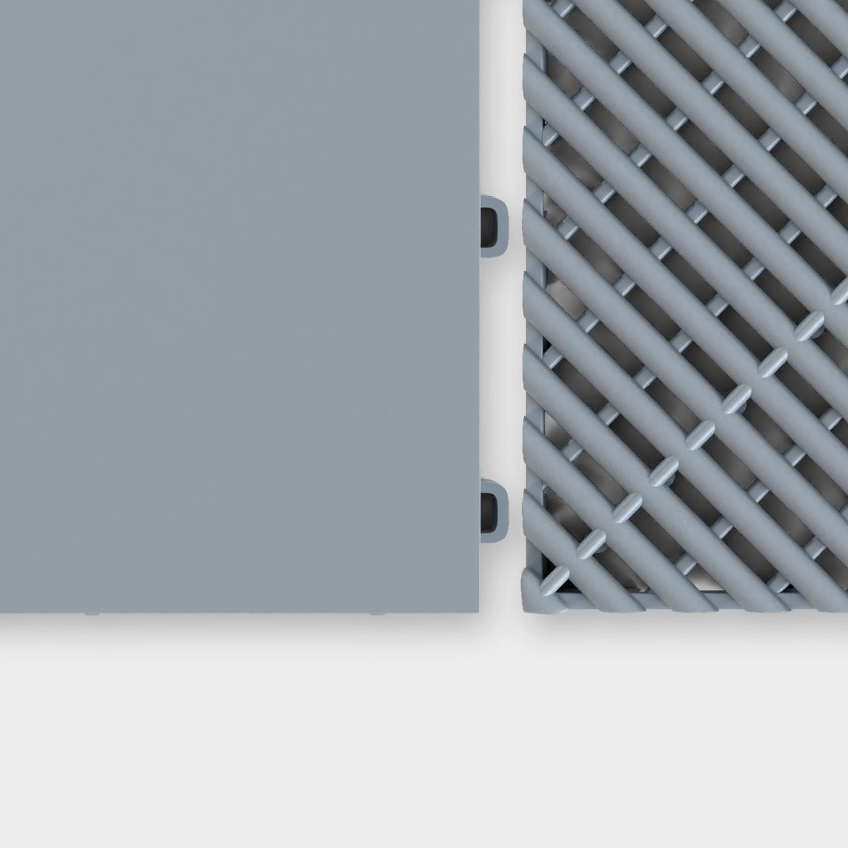 ULTRATONE tile in Silver Grey beside an ULTRAGRID tile in Silver Grey, about to click together