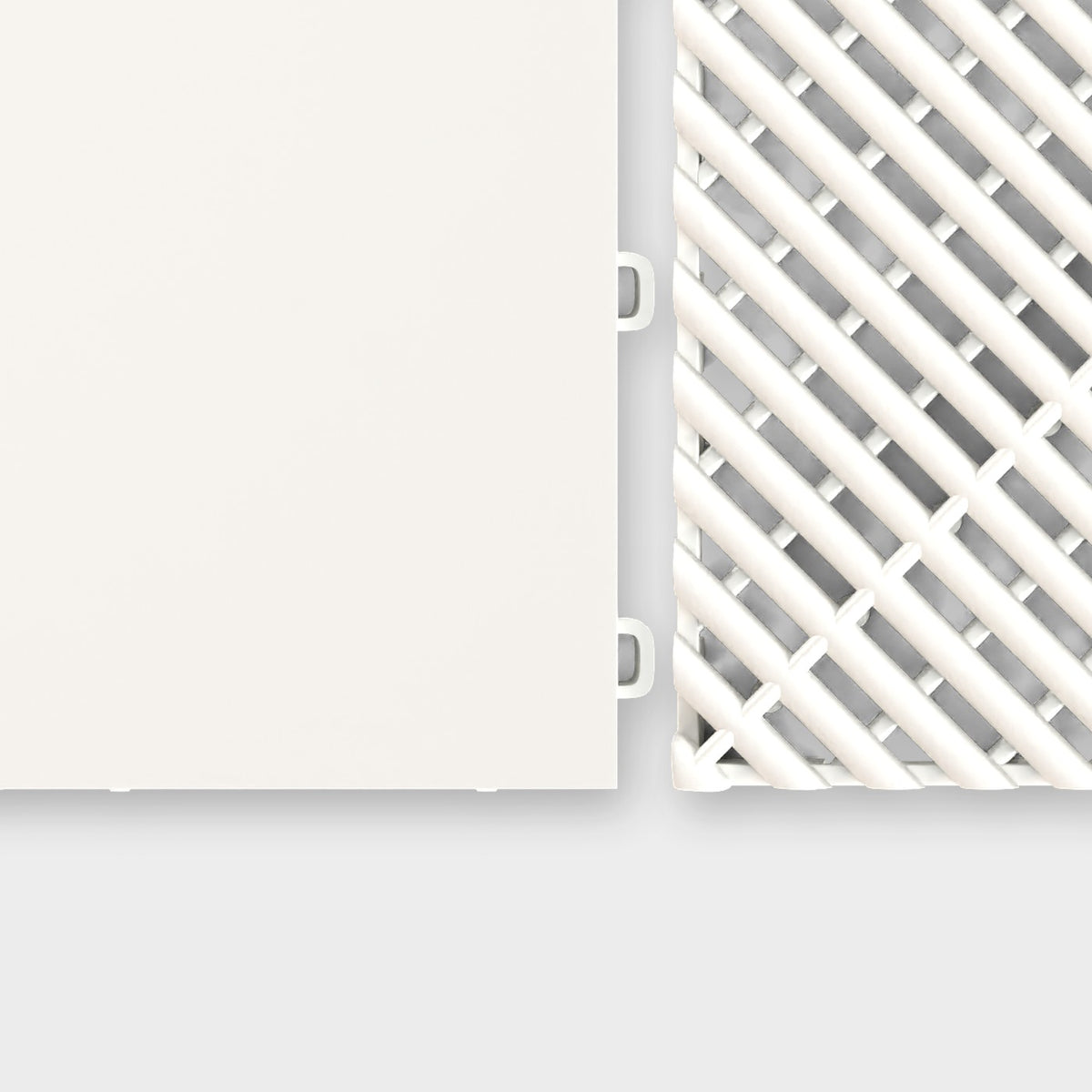 ULTRATONE tile in Alpine White beside an ULTRAGRID tile in Alpine White, about to click together