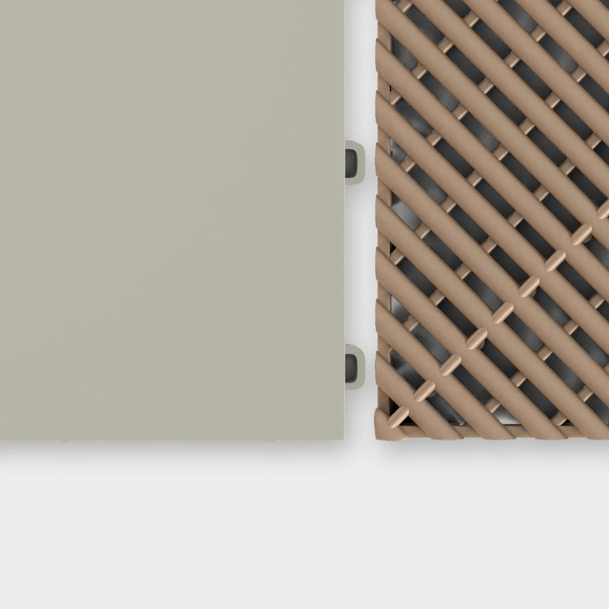 ULTRATONE tile in Pebble Beige beside an ULTRAGRID tile in Stone Beige, about to click together