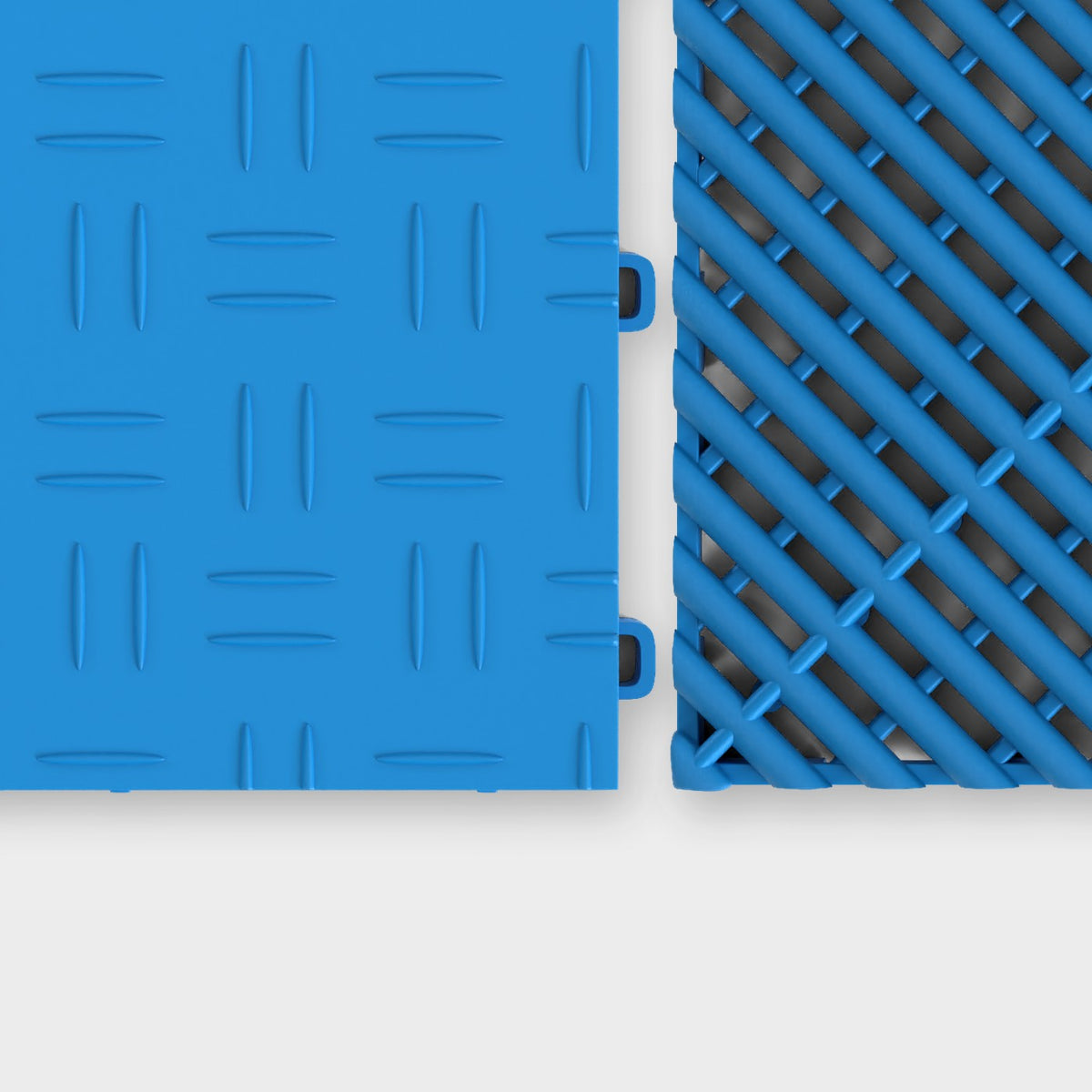 ULTRATUFF tile in Riviera Blue beside an ULTRAGRID tile in Riviera Blue, about to click together