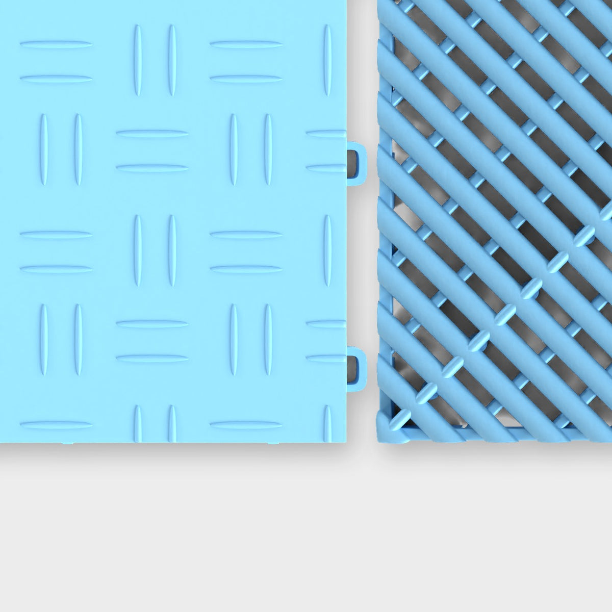 ULTRATUFF tile in Gulf Blue beside an ULTRAGRID tile in Gulf Blue, about to click together