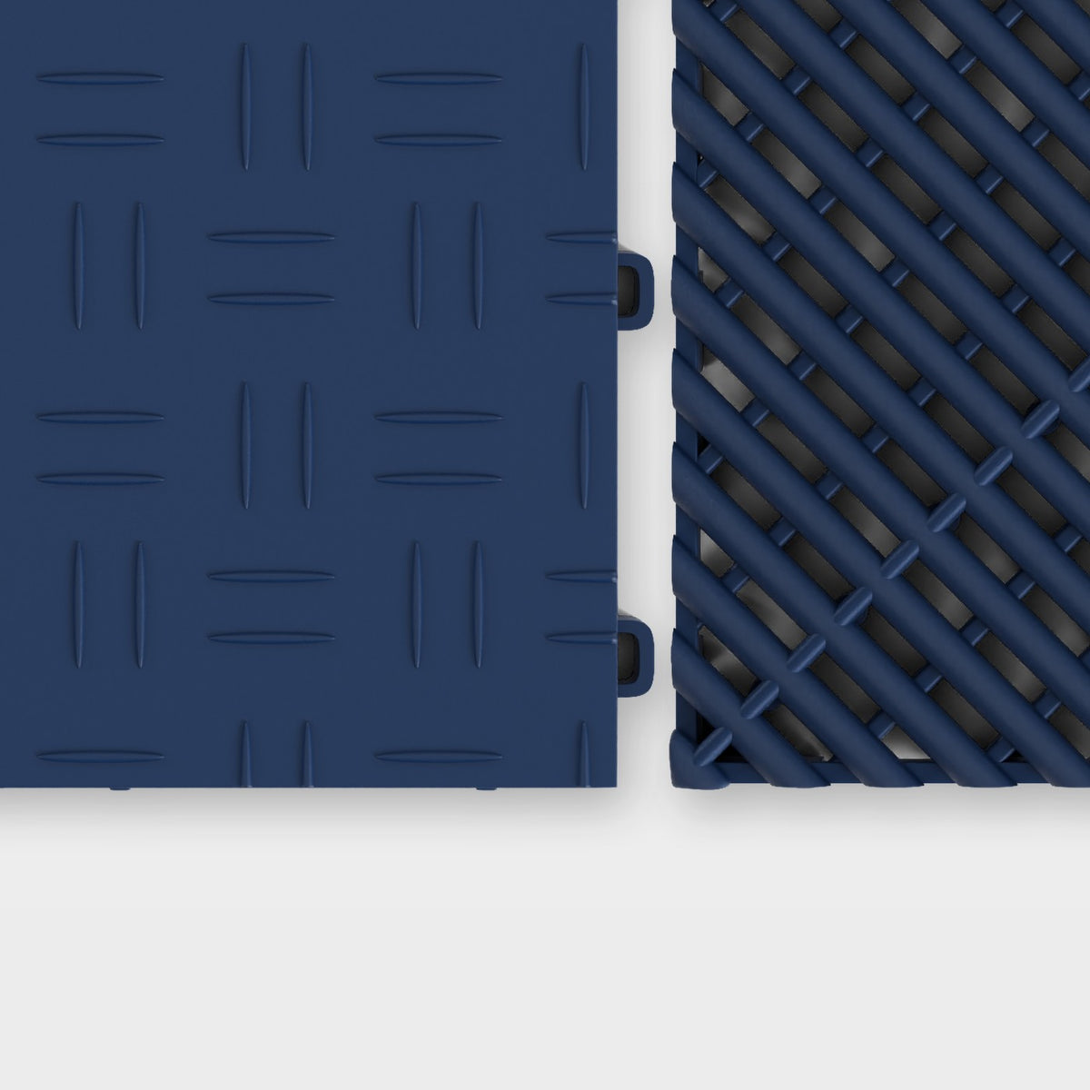 ULTRATUFF tile in Night Blue beside an ULTRAGRID tile in Night Blue, about to click together