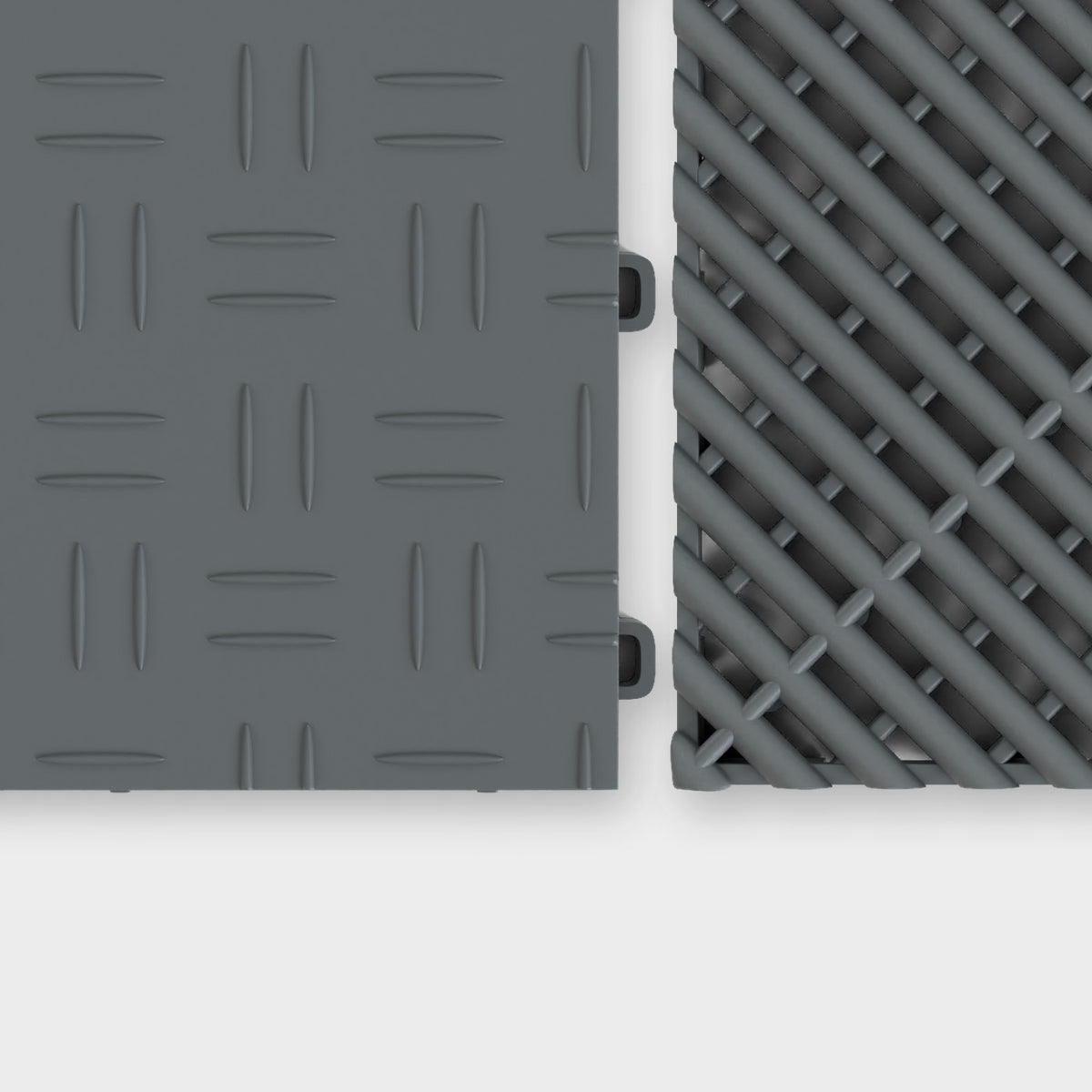 ULTRATUFF tile in Space Grey beside an ULTRAGRID tile in Space Grey, about to click together