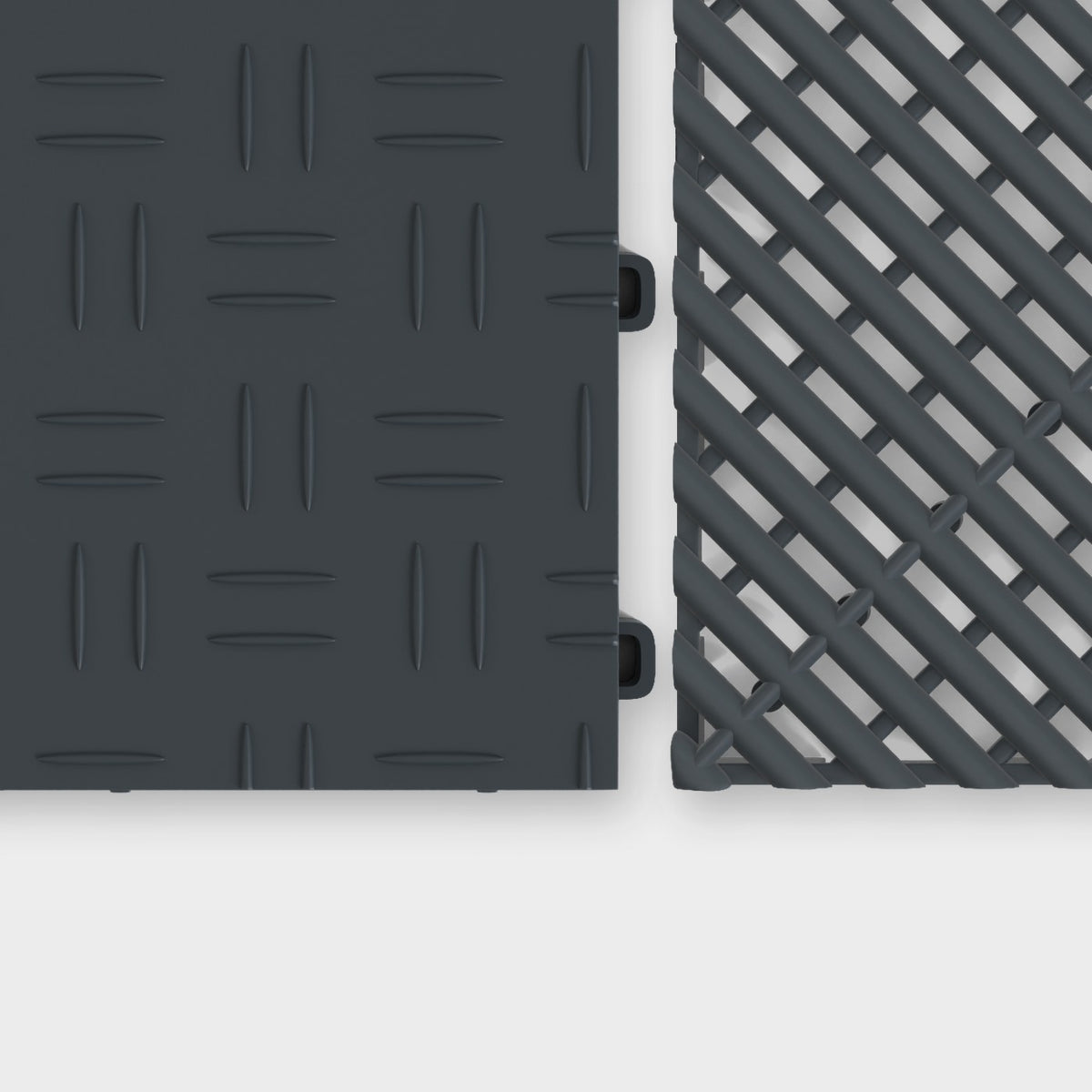 ULTRATUFF tile in Stealth Grey beside an ULTRAGRID tile in Stealth Grey, about to click together