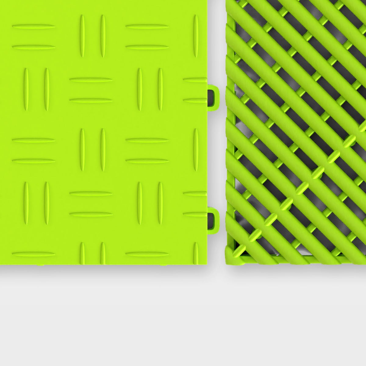 ULTRATUFF tile in Electric Green beside an ULTRAGRID tile in Electric Green, about to click together