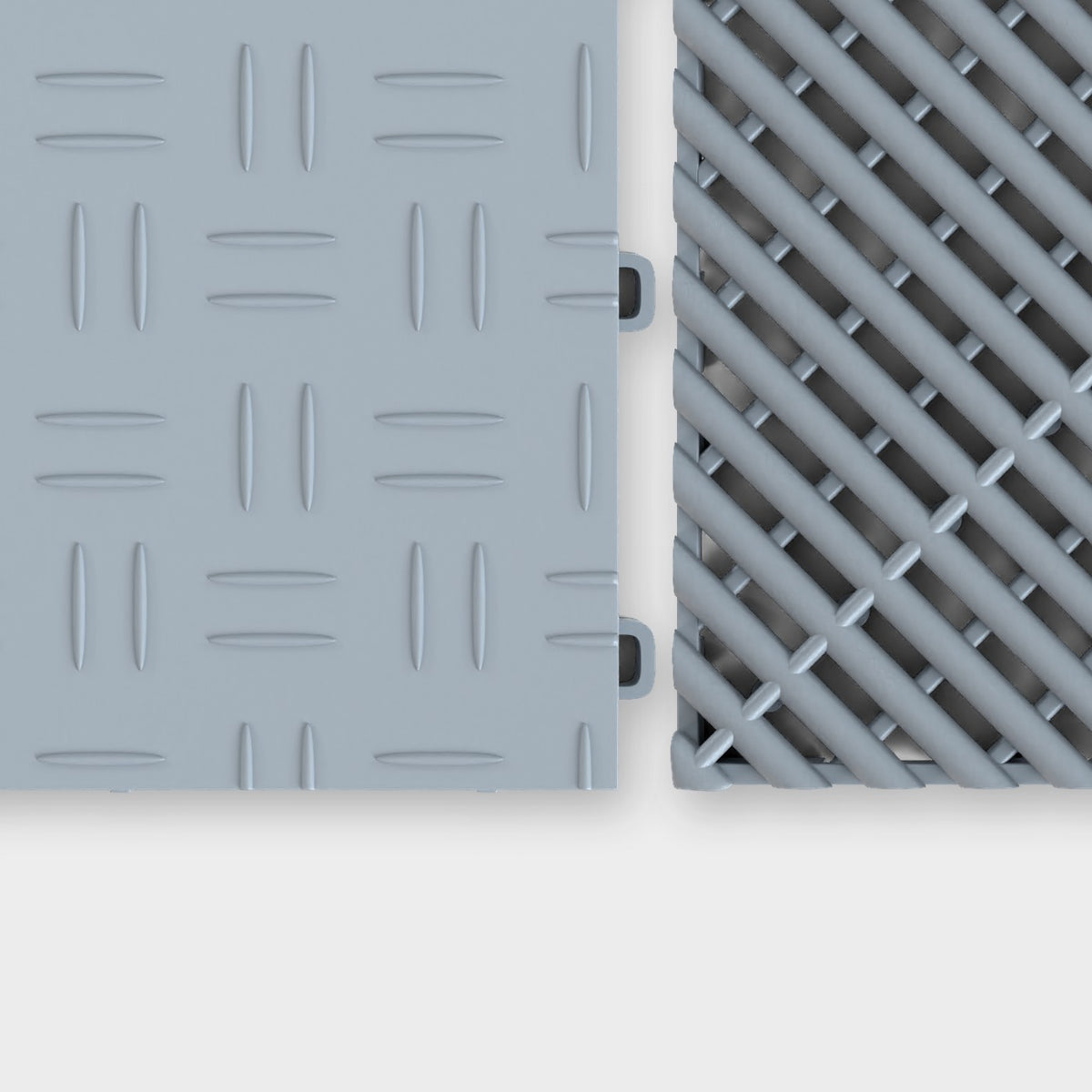 ULTRATUFF tile in Silver Grey beside an ULTRAGRID tile in Silver Grey, about to click together