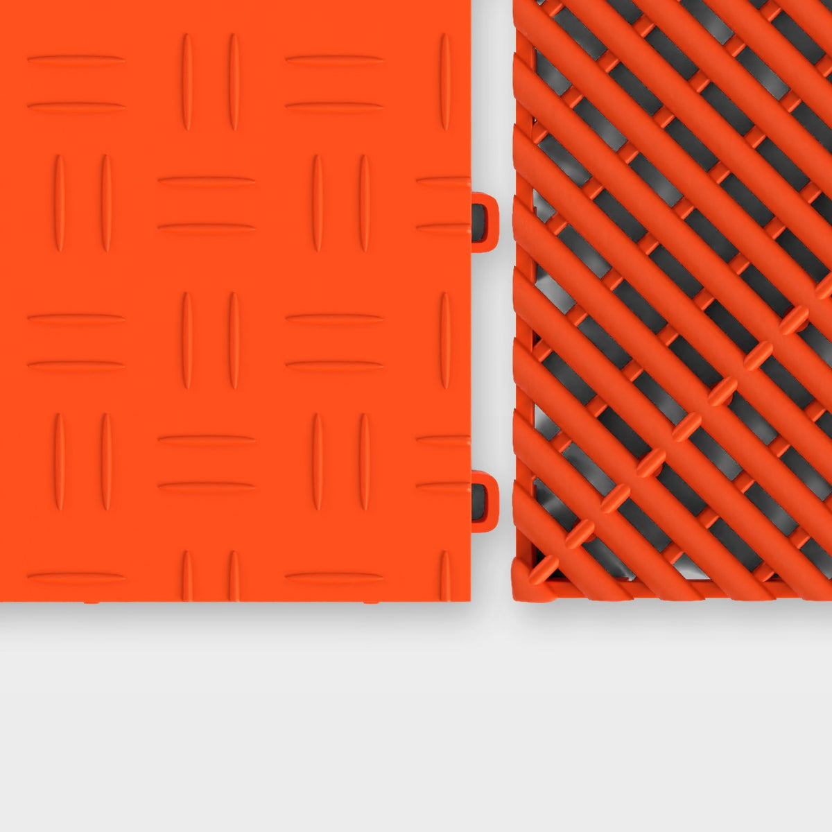 ULTRATUFF tile in Lava Orange beside an ULTRAGRID tile in Lava Orange, about to click together