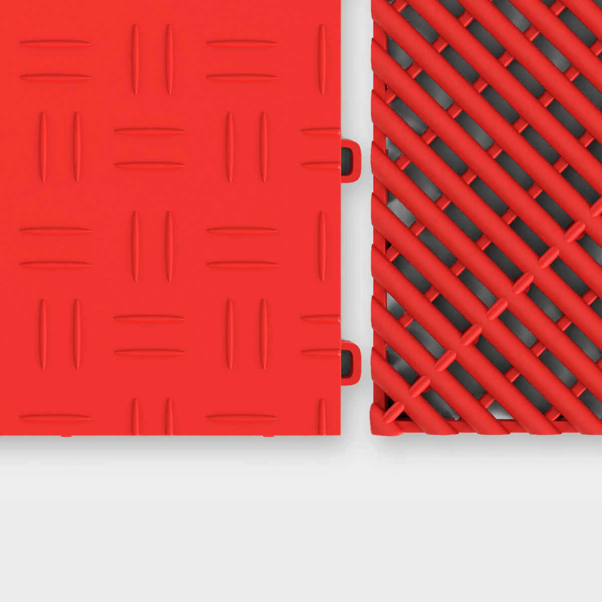 ULTRATUFF tile in Rosso Red beside an ULTRAGRID tile in Rosso Red, about to click together
