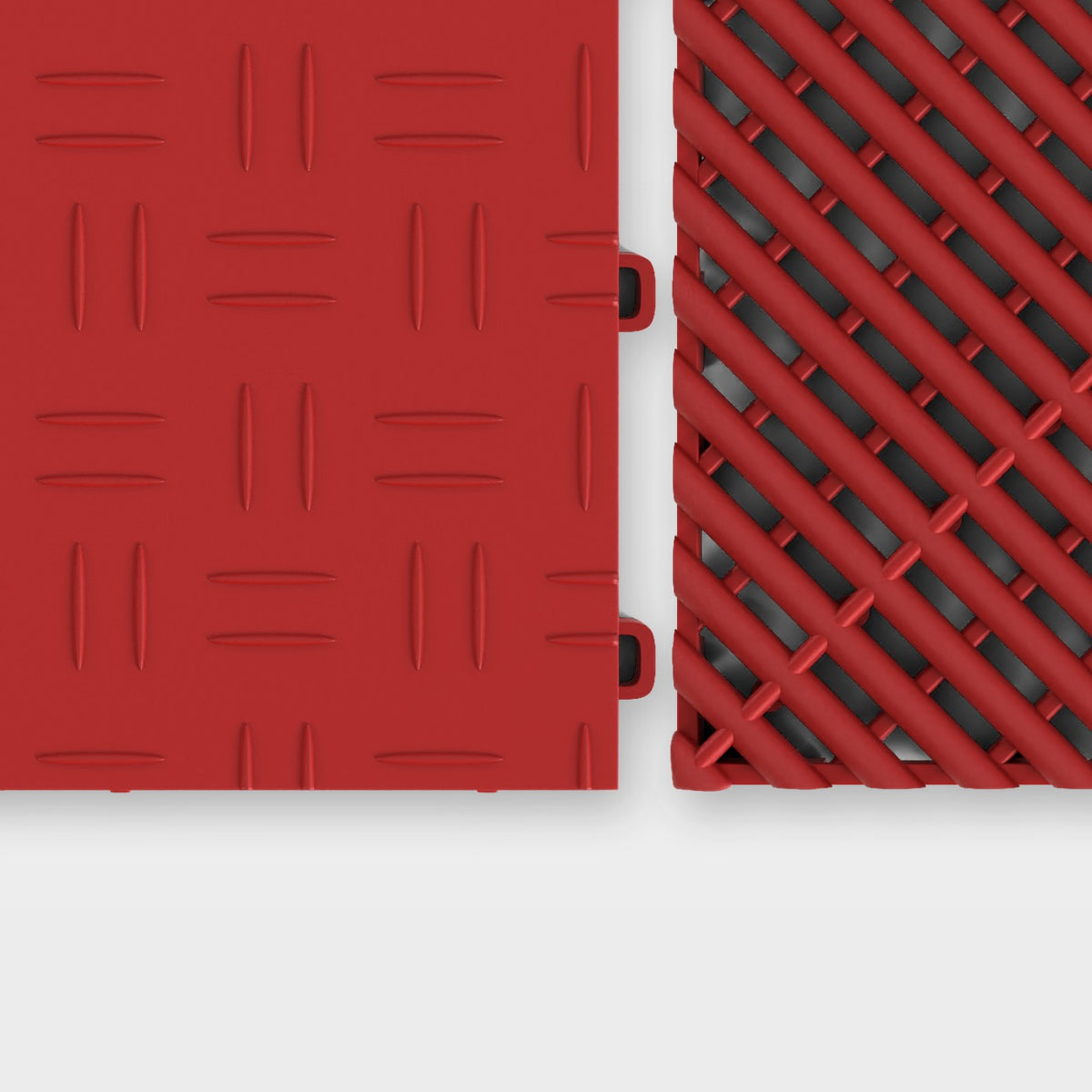 ULTRATUFF tile in Crimson Red beside an ULTRAGRID tile in Crimson Red, about to click together